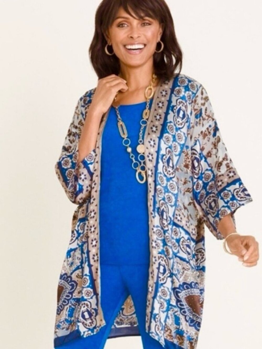 Chico's Travelers Blue Tan Silky Print Kimono Topper Size S/M